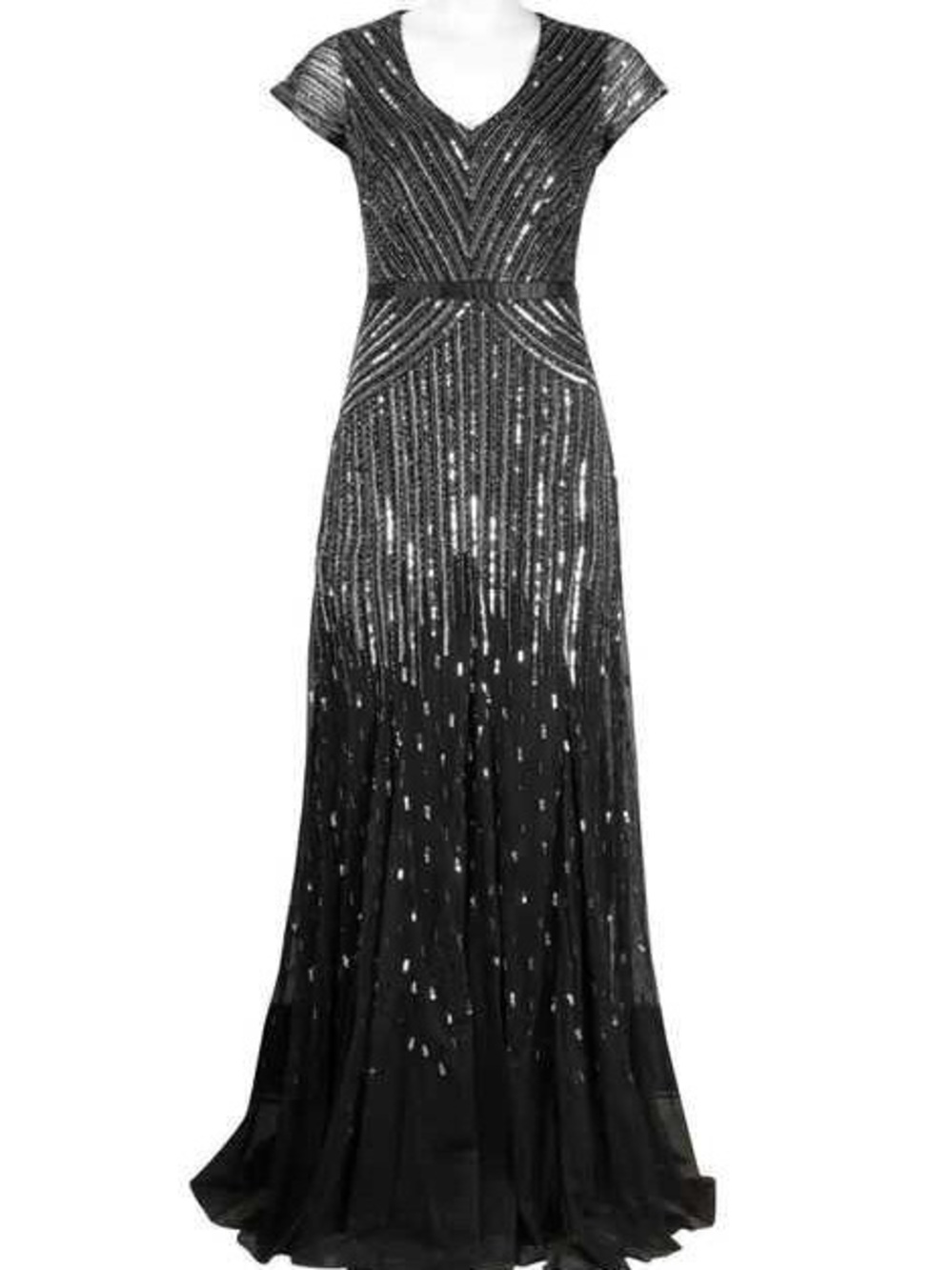 Adrianna Papell Black and Silver Sequin V-Neck Maxi Dress - Picture 1 of 4